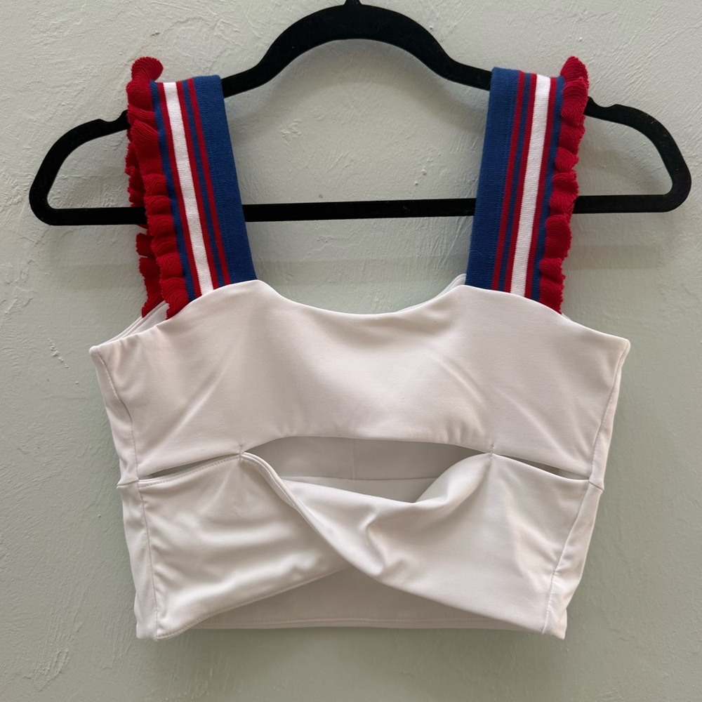 Chic White Crop Top with Red and Blue Straps - Picture 2 of 4